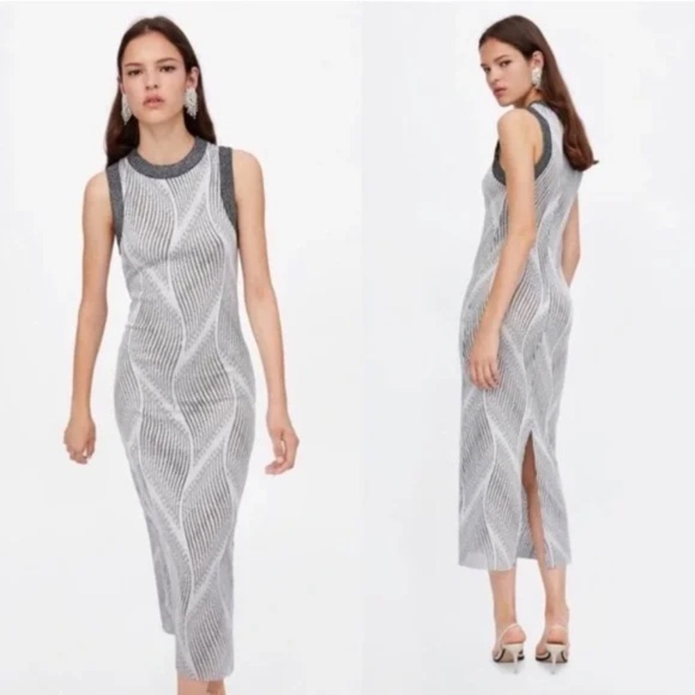 Zara Metallic Thread Jacquard Midi Dress